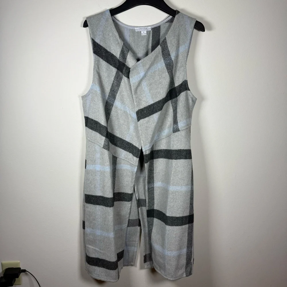 Favlux Long Wool Blend Gray Blue Plaid Cardigan Sweater Vest Size Large - Picture 2 of 14